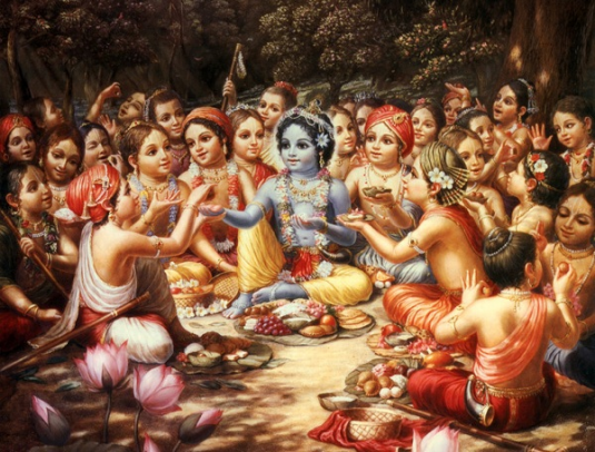 krishna the cowheard boys taking prasadam