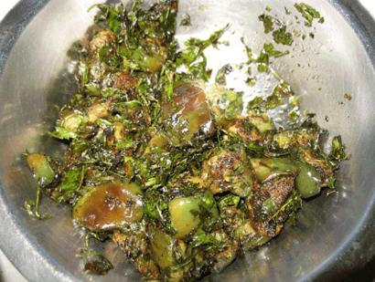 Crispy diced Eggplant with Bitter Neem Leaves