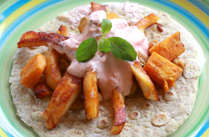 Grilled Paneer Strips with baked Yams and Chickpeas